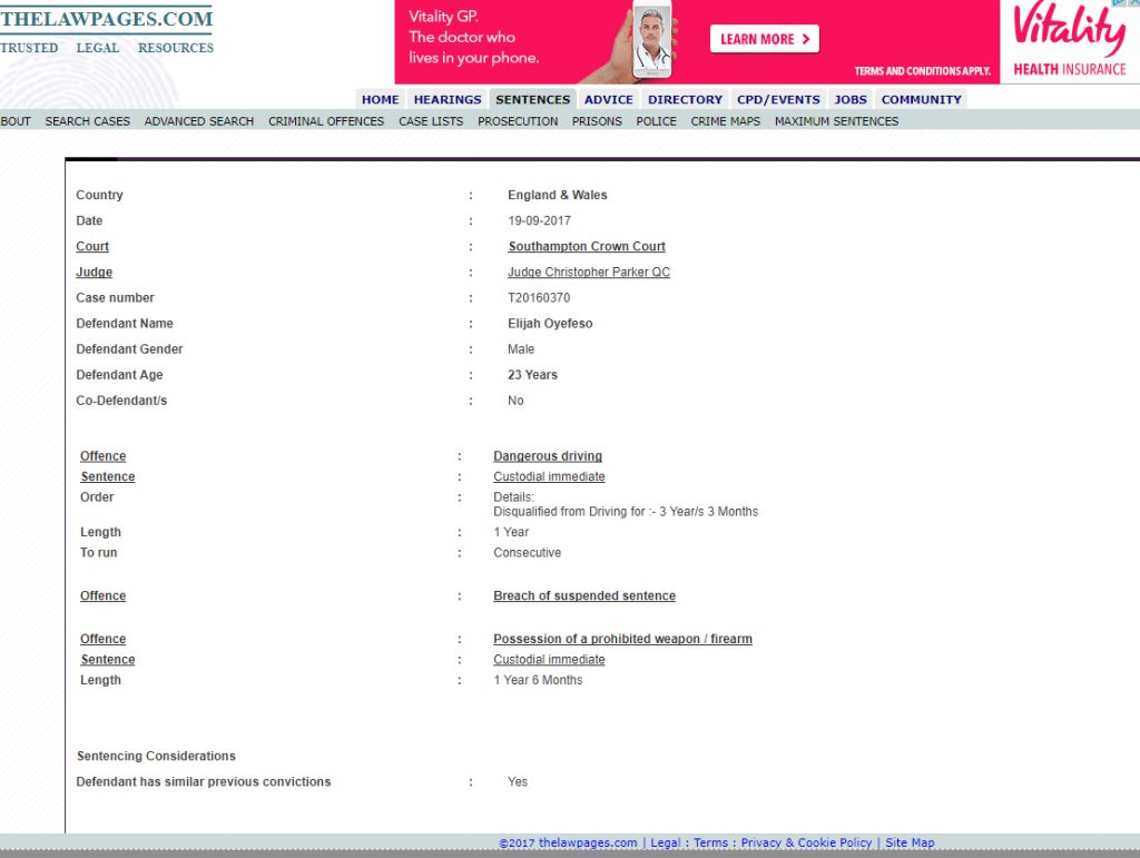 Elijah Oyefeso Court Case details