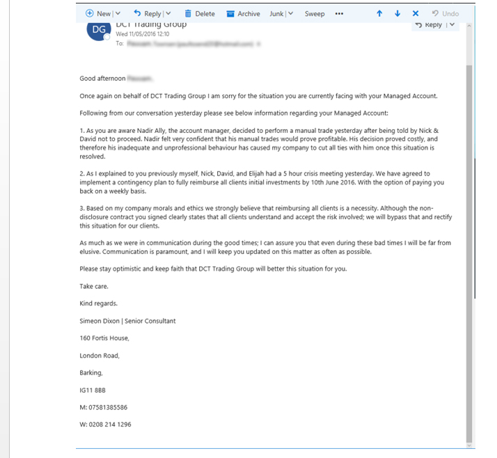 Email to clients from DCT Trading by Simeon Dixon.